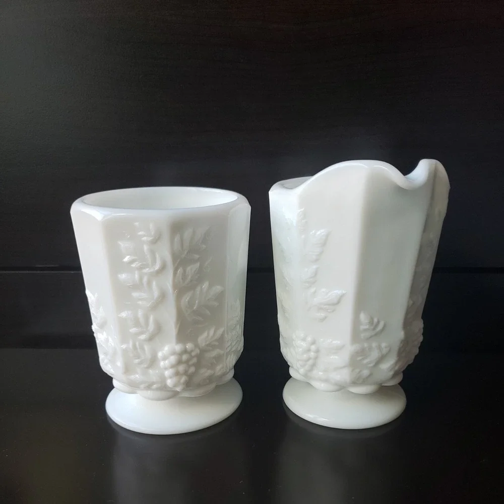 Westmoreland Milk Glass Paneled Grape Creamer and Sugar Bowl Set‎ White Vintage